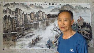 吴作成山水画《清波丽影》染色完成，“轻舟已过万重山”的意境