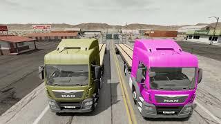 Double Flatbed Trailer Truck vs Speedbumps Train vs Cars Beamng.Drive