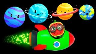 Funny Watermelon and Friends Go on Twinkling Planets! Cute Baby Sensory Dancing Party In Space!