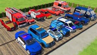 TRANSPORTING CARS, AMBULANCE, POLICE CARS, FIRE TRUCK OF COLORS! WITH TRUCKS! - FS 22