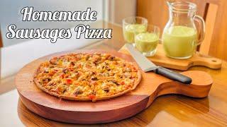 Homemade Sausages Pizza | හැමදේම ගණන් කාලේ පීසා එකක් ගෙදර ම රසට හදමු | Pork Sausages Pizza￼ | Bhagi