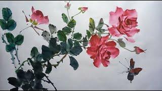 Traditional Chinese Painting Art: Rose flower  #painting  中国画_月季花画法_国画_手绘