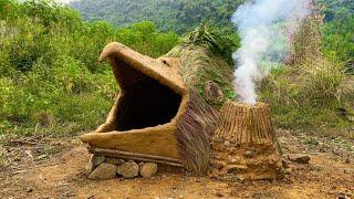 Build a bird's head shelter with a cozy fireplace and do some survival camping