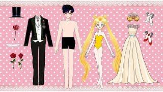 Paper dolls wedding dress Sailor Moon and Tuxedo mask papercraft Bride and Groom 