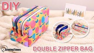 DIY DOUBLE ZIPPER POUCH BAG | TWO Zipper Box Pouch Tutorial [sewingtimes]
