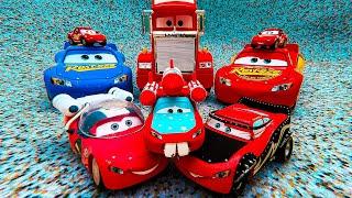 Disney Pixar Cars falling into deep pool, Lightning McQueen, Tow Mater, Mack, Sally, Francesco