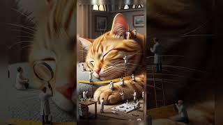 Mini Scientists Inspect a Cute Sleeping cat  #miniatureworld#orangecats#miniantureai#cats