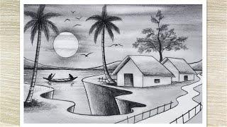 Beautiful Sunset Nature Scenery Drawing with Pencil Sketch, Easy Pencil Drawing