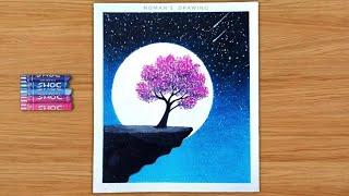 Oil Pastel Drawing - Moonlight night scenery drawing with oil pastel