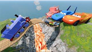 Testing PIXAR CAR vs Big & Small Lightning McQueen,Dinoco,Mater vs Lava Bulged Bridge-BeamNG.Drive