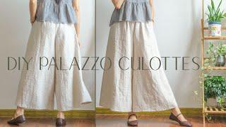 DIY linen palazzo culotte pants | Wide leg elastic waist trousers | Linen loose pants