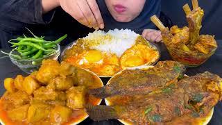 Eating whole fish curry,mutton chaap curry,chicken curry,egg curry with rice ||