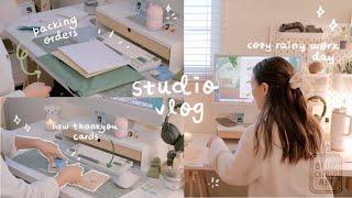 Studio Vlog ️Pack orders with me!! Cozy + Rainy work day, New thank you cards, Peaceful Music!!