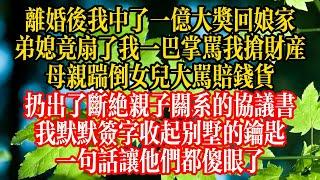 離婚後我中了一億大獎回孃家，弟媳竟扇了我一巴掌罵我搶財產，母親踹倒女兒大罵賠錢貨，扔出了斷絕親子關係的協議書，我默默簽字收起別墅的鑰匙，一句話讓他們都傻眼了！#情感故事 #孝子贤孙 #人生感悟