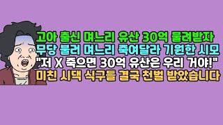 [사연듣기] 고아 출신 며느리 유산 30억 물려받자 무당 불러 며느리 죽여달라 기원한 시모, "저 X 죽으면 30억 유산은 우리 거야!" 미친 시댁 식구들 결국 천벌 받았습니다