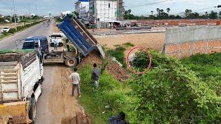 Full bulldozer and dump trucks filling up land process in action pushing soil quickly