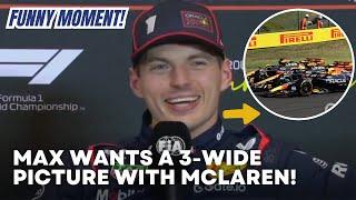 Max Verstappen JOKINGLY Wants a 3-Wide Picture with McLaren at Turn 1 during the Race #SpanishGP