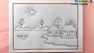 Village River Scenery Drawing  Sundor Gramer drisso sohoje ongkon Pencil Drawing