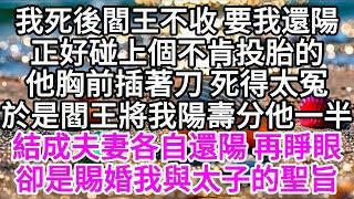 我死後閻王不收，要我還陽，正好碰上個不肯投胎的，他胸前插著刀，死得太冤，於是閻王將我陽壽分他一半，結成夫妻各自還陽，再睜眼，卻是賜婚我與太子的聖旨 【美好人生】