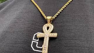 18K Gold Finish S925 Silver Round Iced Ankh Cross Pendant On Helloice.Com