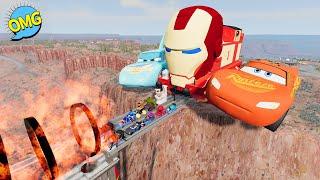 Pixar Car,Iron Man vs Big & Small McQueen,Dinoco,Tow Mater vs Ring FirexBroken Bridge-BeamNG.Drive