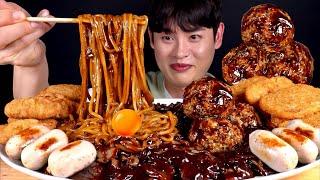 ASMR 짜장면&짜장주먹밥 백소세지 튀긴만두 해쉬브라운 먹방~!! Black Bean Noodles With White Sausage Hash Brown MuKBang~!!