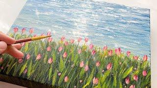 Aesthetic Tulips by the Sparkling Sea /  Acrylic Painting for Beginners Step by Step