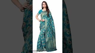 Leeza Store Women's Turquoise Cotton Blend Jacquard Woven Golden Zari Floral Pattern Rich Pallu Sare