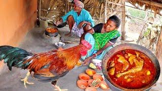 santali tribe grandma and grandpa cooking together red country chicken curry recipe||rural village