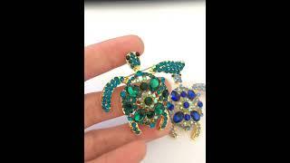 Pomlee Green Rhinestone Turtle Brooch Pin Cute Kawaii Vintage Tortoise Brooches Kids Gift Animal Hij