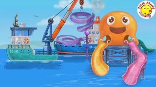 Munkagépek Vízicsúszdát Építenek- Construction ships build a fun park gameplay toon- Játékmesék