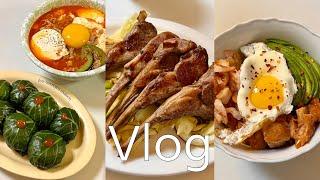 (Eng) Daily vlog of living alone in Korea (lamb chops, ssambap, soft tofu, chicken mukbang)