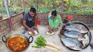 TILAPIA FISH Curry With RADISH । Village Traditional Fish Recipe Cooking & Eating By Mother and Son