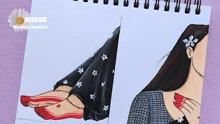 Aesthetic Girl Drawing ( Black Saree Theme ) / Beautiful Traditional Girl Drawing