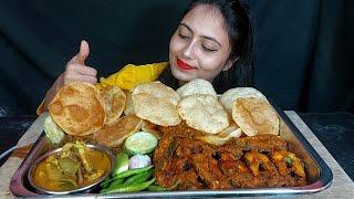 spicy Fish Buna  Masala=Soft Luchi+Fish Curry+GreenChilli+Salad Eating Bangali Asmr Girl+Eatingsound