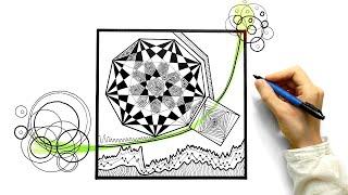 4K Drawing abstract square with geometric pattern and green line