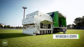 Instalación de césped hibrido cosido GrassMaster después de la siembra