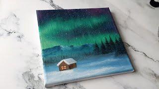 Northern lights aurora borealis landscape painting / easy acrylic painting ideas for beginners ️