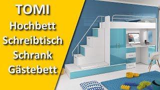 TOMI Hochbett Schreibtisch Schrank und Gästebett - Alles in einem Möbelset für Kinder