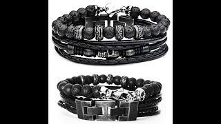 Tribal Hollywood Necropolis Men's Genuine Leather Skull Stacked Bracelet