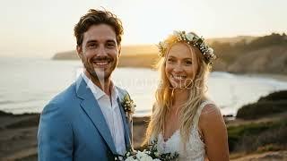 Couple exchanges vows with stunning sunset backdrop on the beach - Stock Footage