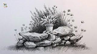 How to draw bushes and Plants and Small Rock stones fence with pencil