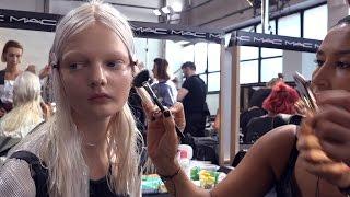 Perfect skin, minimal makeup for Val Garland at the MSGM Show