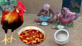 RED COUNTRY CHICKEN Curry cooking and eating with rice by our santali mother and father||villagelife