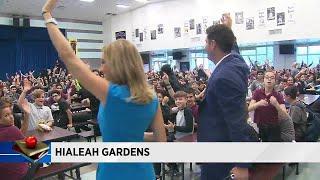 Local 10 News co-anchors Louis Aguirre and Janine Stanwood visit Hialeah Gardens Middle School