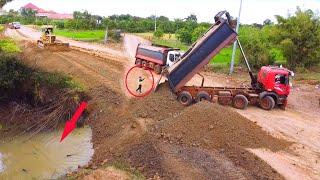 Perfect Work!! Dozer Skilled Workers Pushing Soil to Build Road Near the Drain to Push and Fill