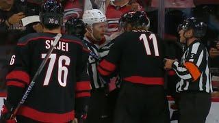 Brady Tkachuk and Jordan Staal exchange words after game