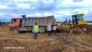 Dump truck stuck in deep mud Recovery by SHANTUI Bulldozer & Action of Heavy machines continue work