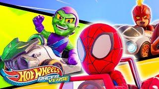 Spider-Man Car and Captain Marvel Car Race vs. Green Goblin Car! | Hot Wheels RacerVerse