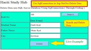 Delete Data From Database Using SqlConnection in Asp.Net C# | Hindi | Online Learning Classes